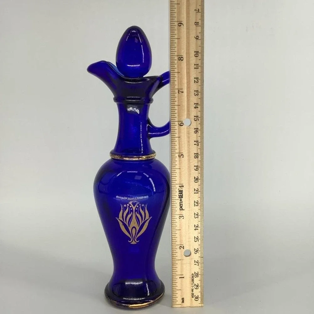 Vintage 1970s Avon Cobalt Blue Glass Decanter Cruet Gold Floral Design Stopper